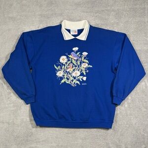 VTG Morning Sun Birds Sweatshirt XL Blue Floral USA 90s Nature Grandmacore Retro